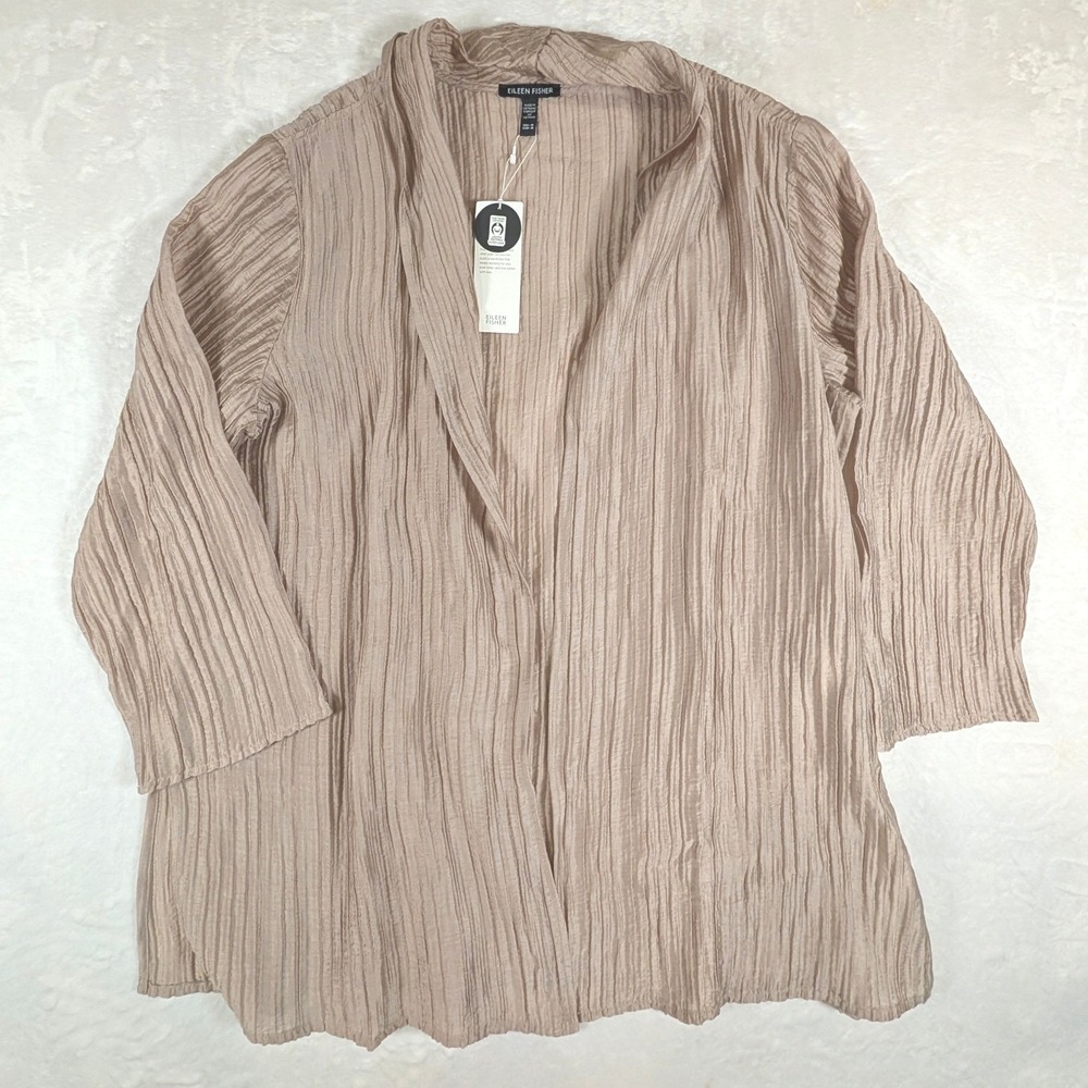 Eileen Fisher Crinkle Open Front Cardigan Champagne Shawl Collar Medium